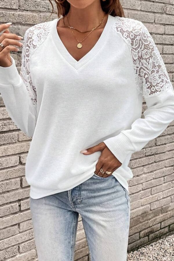 Waffle Knit Lace Sleeves Top - Image 2